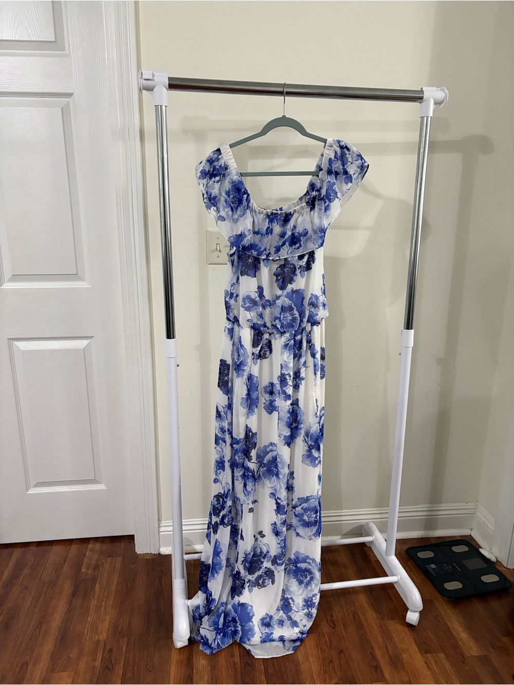 Blue Floral Off-Shoulder Maxi Dress — Elegant Summer Style